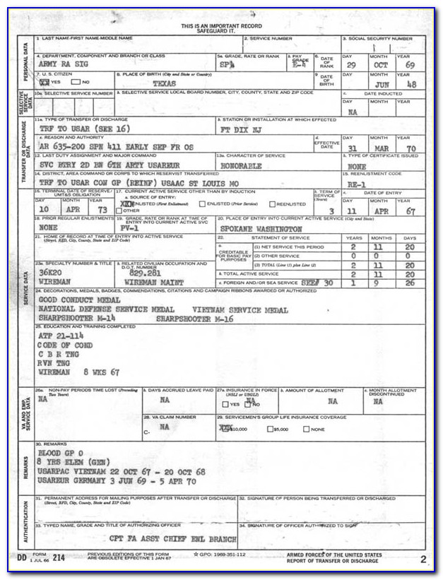 Federal Government Form Dd 214