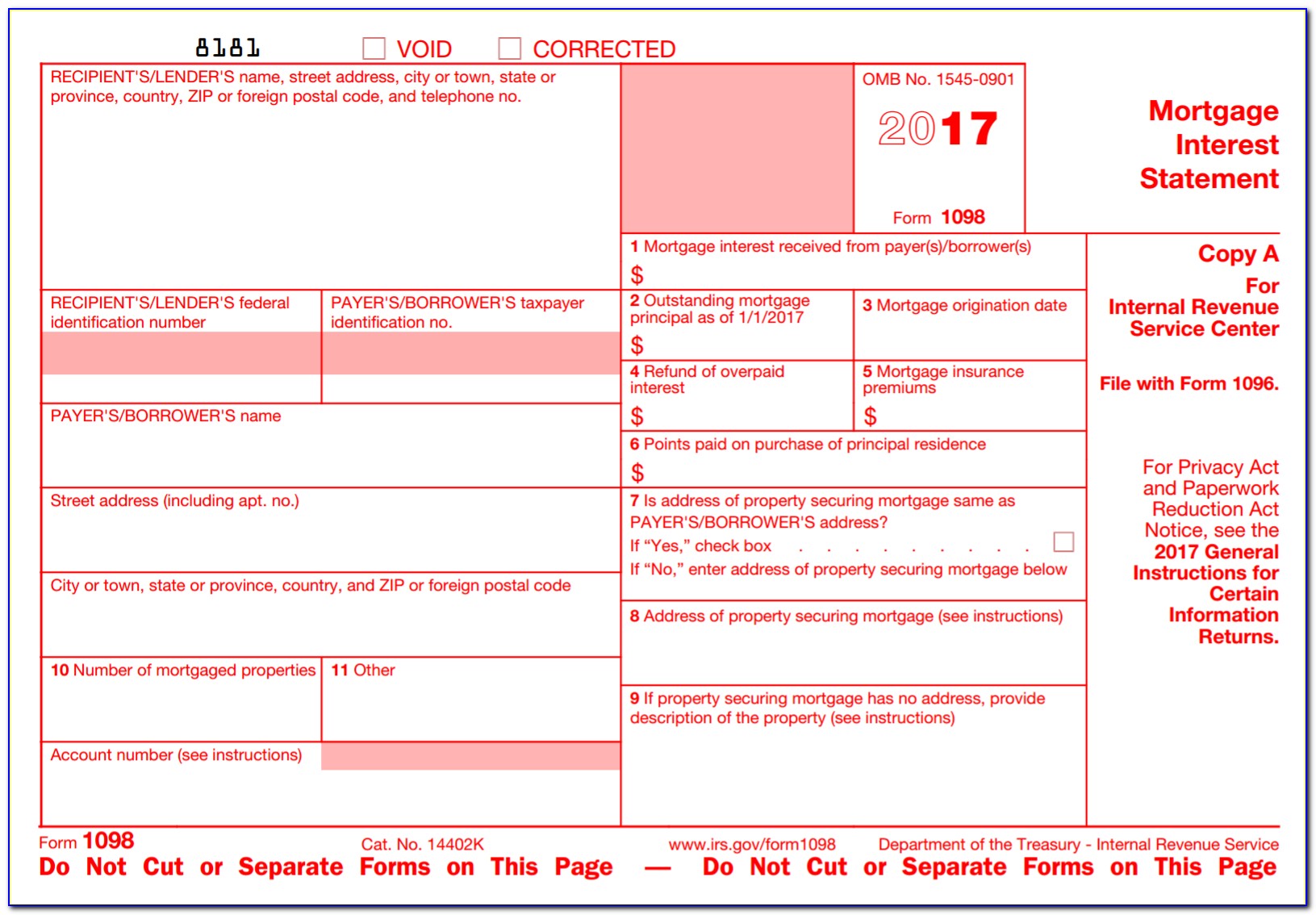 Fillable 1098 Mortgage Interest Form