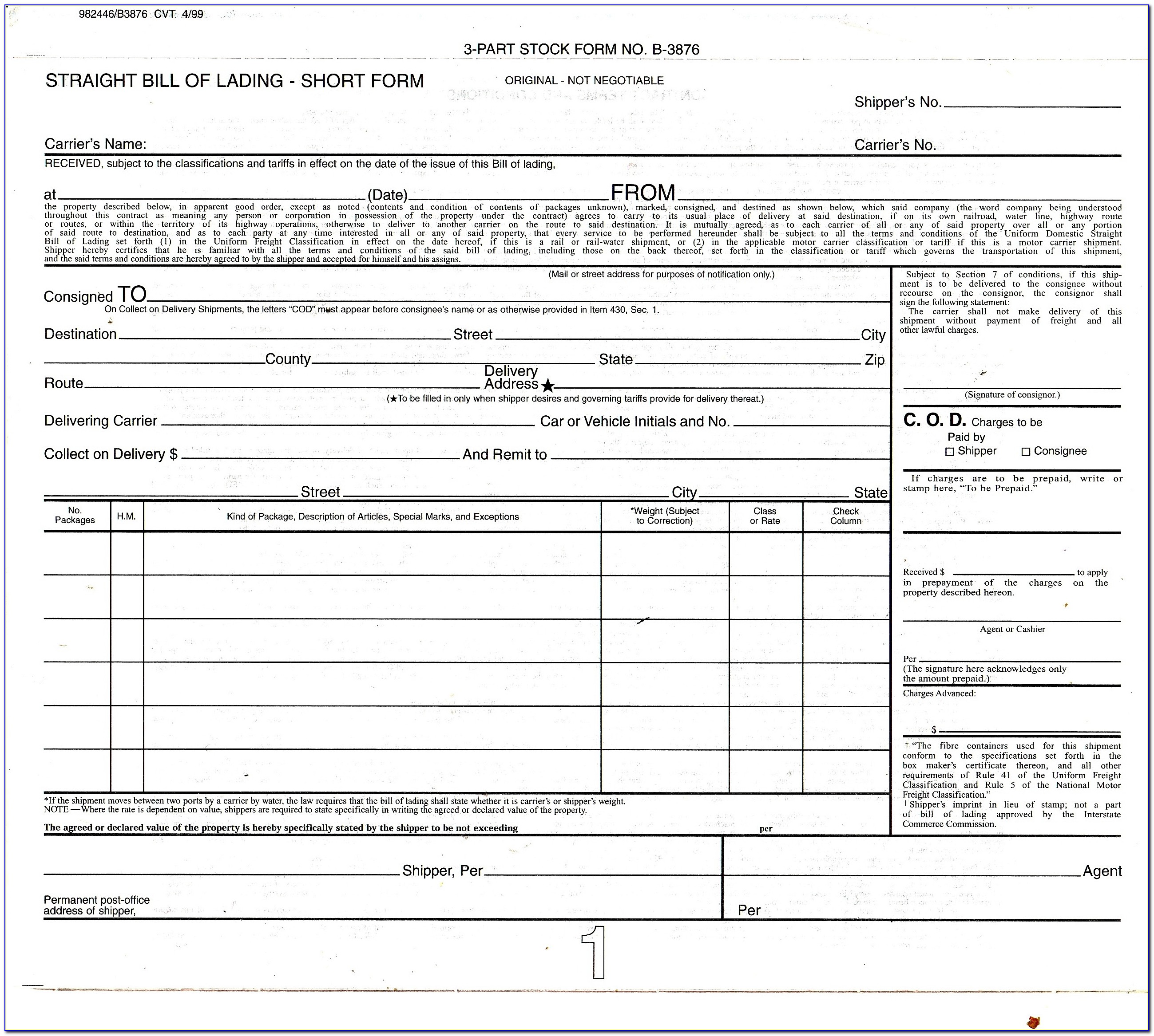 Fillable Bill Of Lading Form