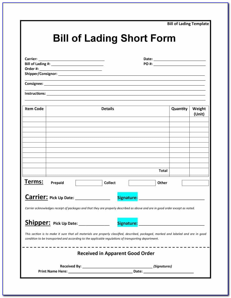 Fillable Bill Of Lading Short Form