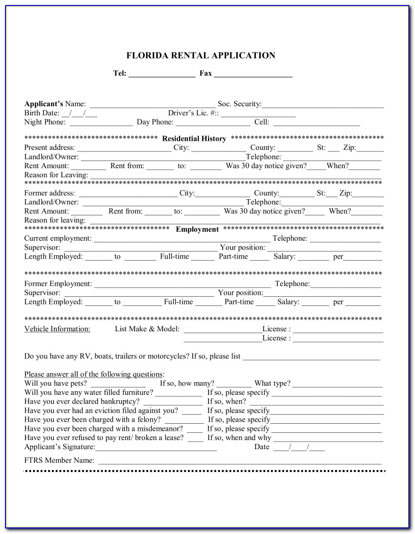 Florida Rental Application Form Free
