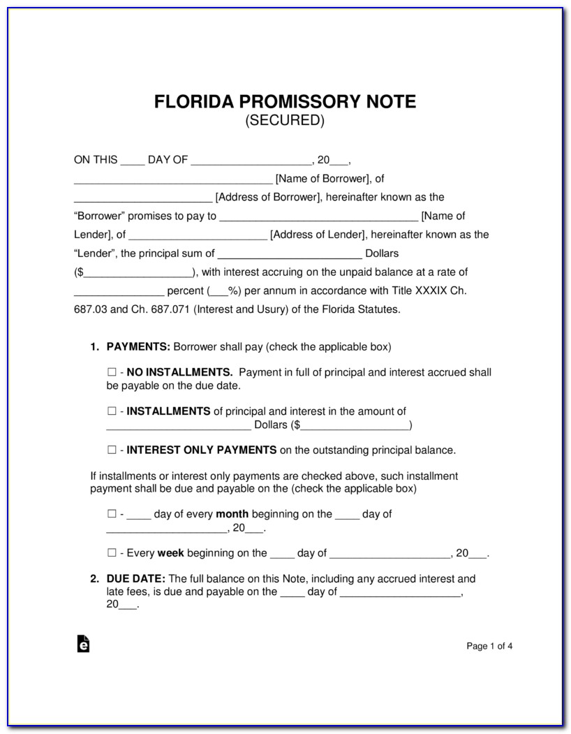 Florida Secured Promissory Note Form