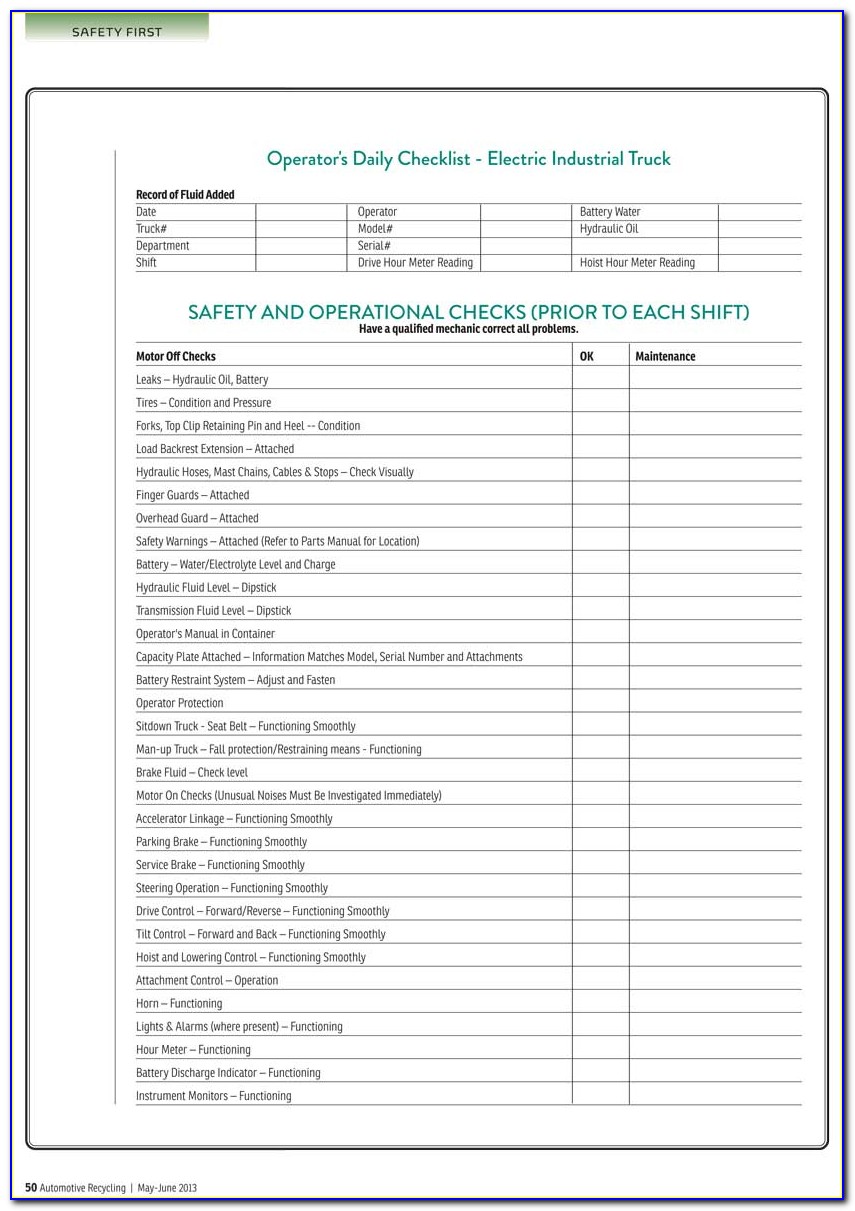 Forklift Daily Inspection Checklist Template