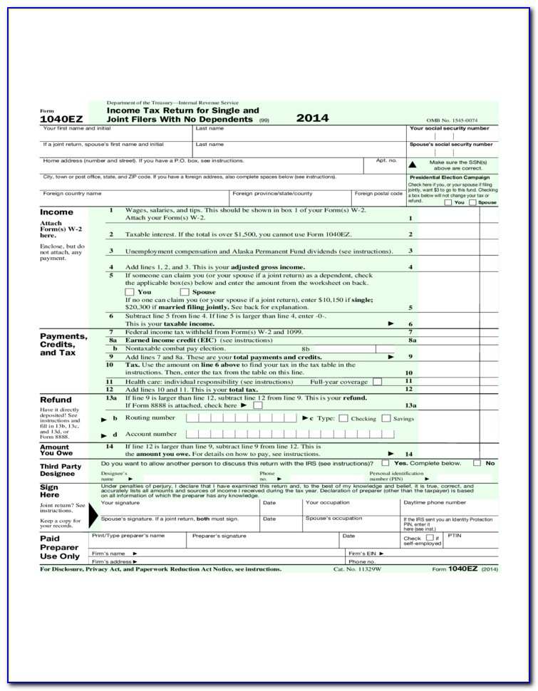 Form 1040ez Income Tax Return For Single
