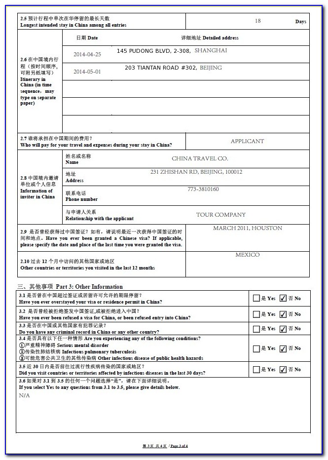 Form V 2013 China Visa Application
