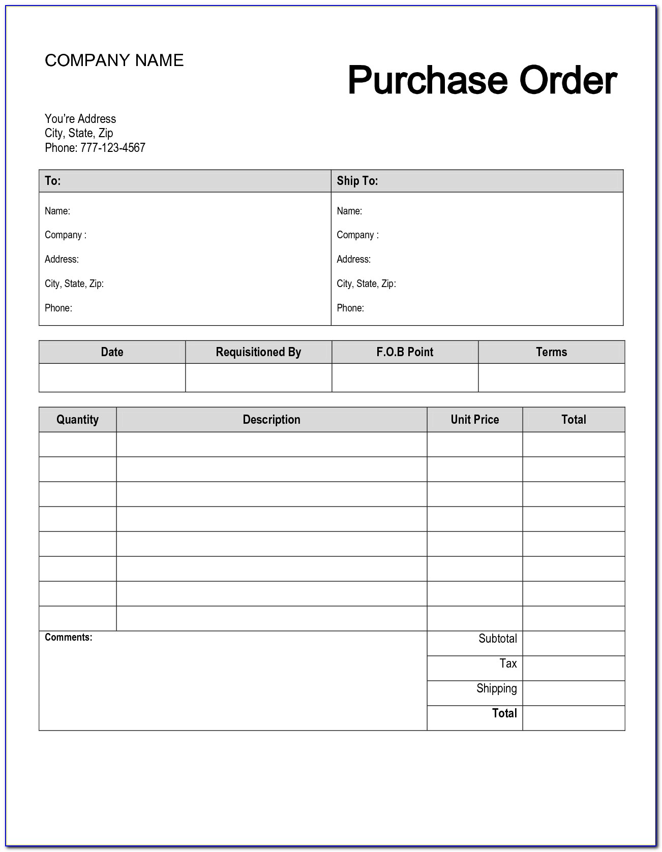 Free Blank Purchase Order Form