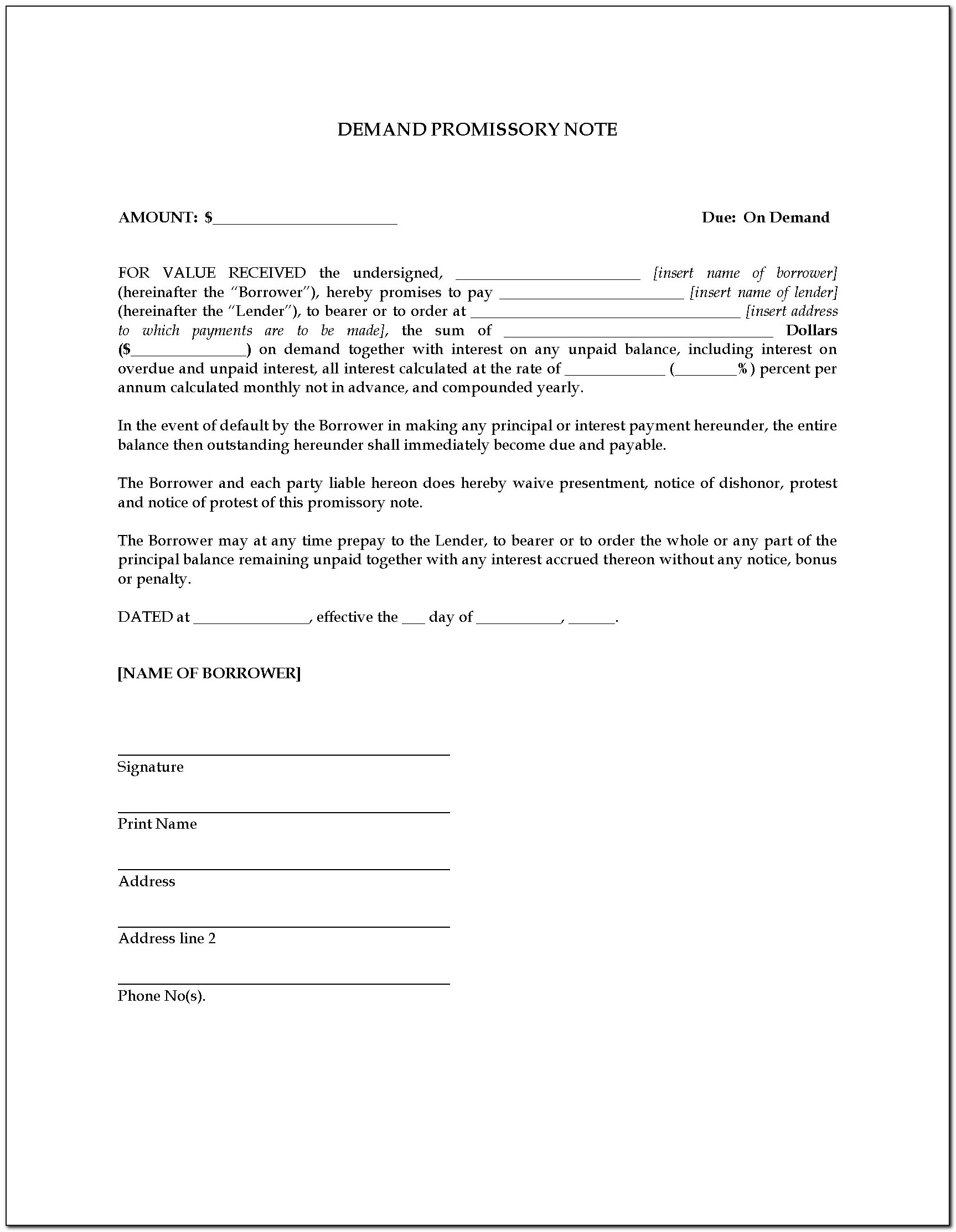 Free Demand Promissory Note Form