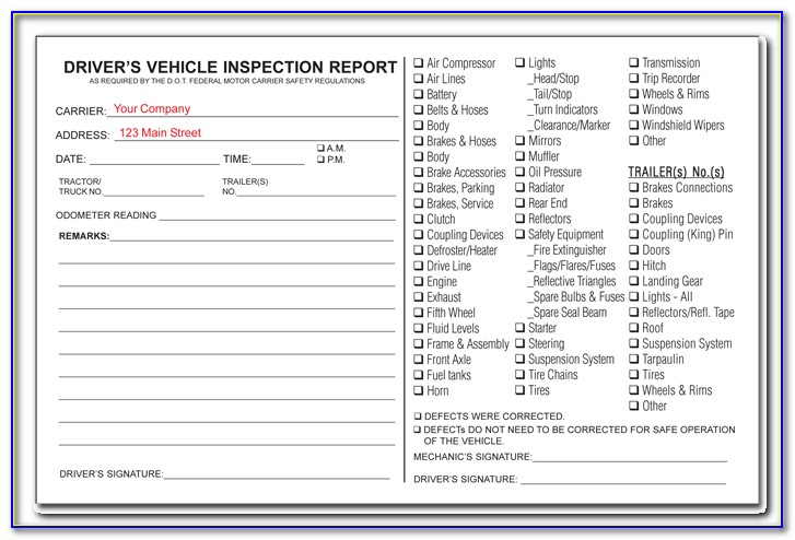 Free Driver Vehicle Inspection Report Form