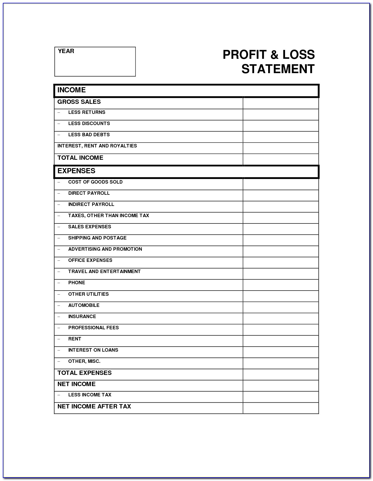 Free Excel Template Profit And Loss Statement
