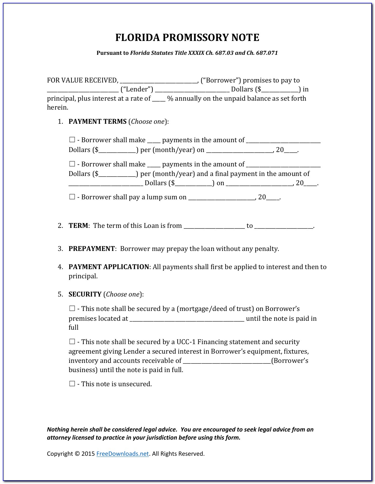 Free Florida Secured Promissory Note Form