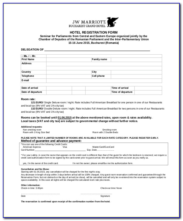 Registration Form Sample For Hotel