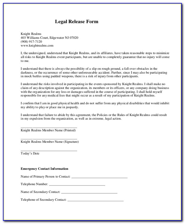 Free Legal Release Form Template