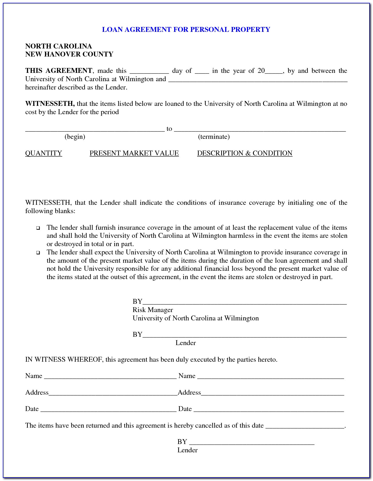 Free Loan Contract Form