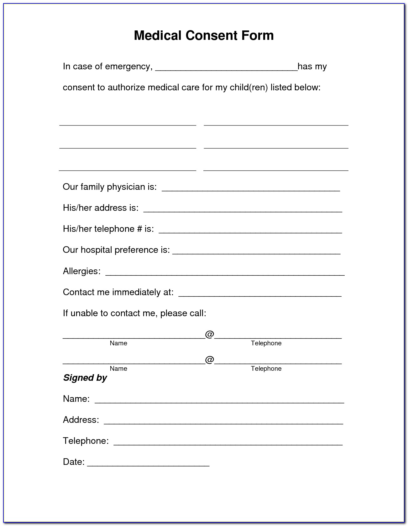 Free Medical Authorization Form For Minor