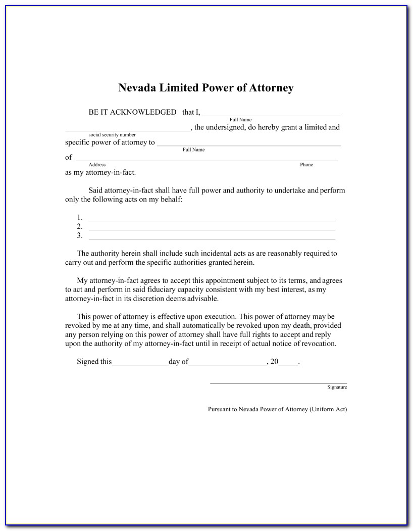 Free Nevada Limited Power Of Attorney Form