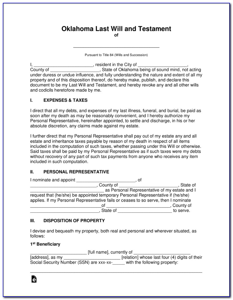 Free Oklahoma Last Will And Testament Form