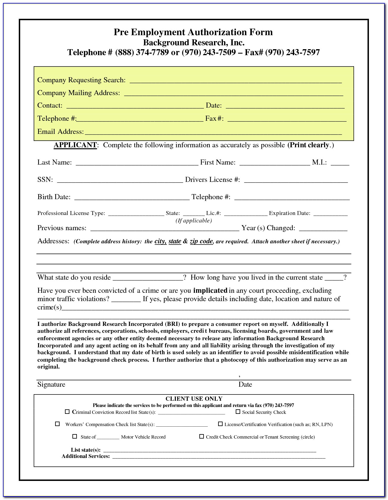 Free Pre Employment Background Check Authorization Form