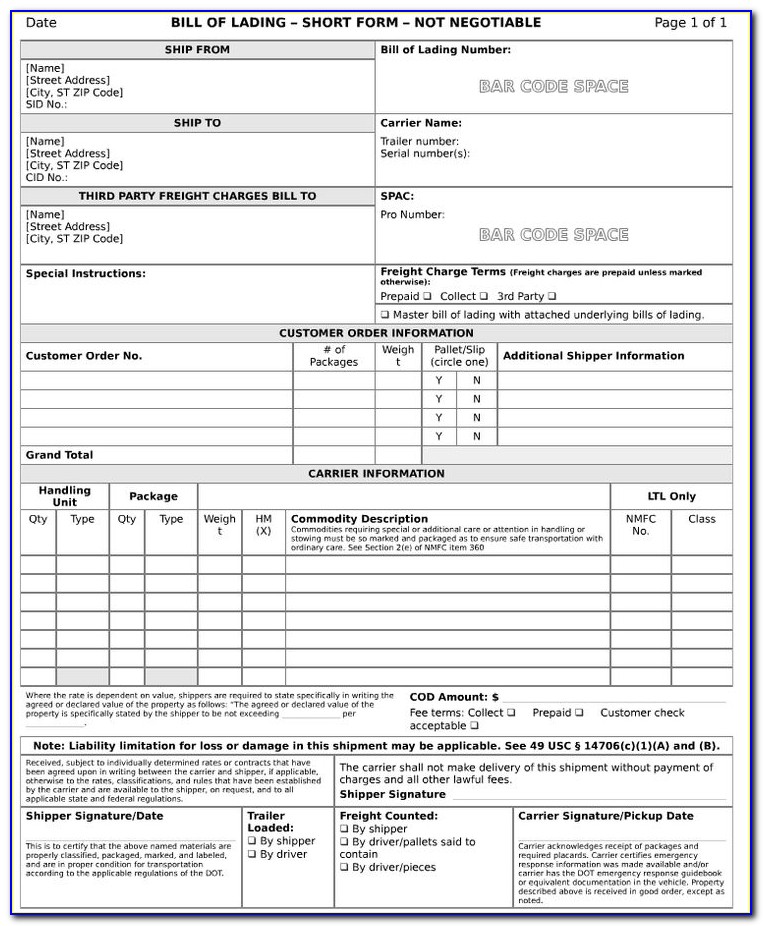 Free Printable Bill Of Lading Forms