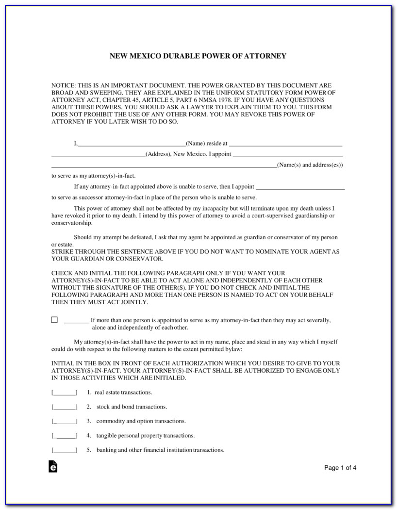 Free Printable Power Of Attorney Form New Mexico
