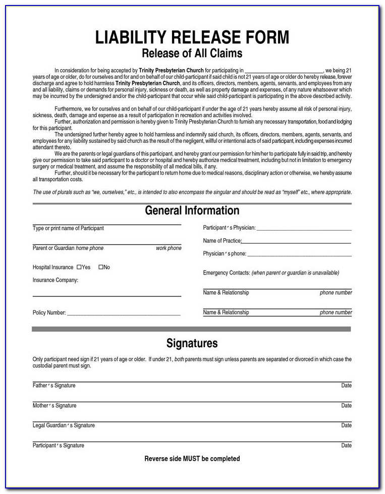 Free Printable Waiver Of Liability Form