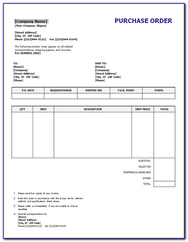 Free Purchase Order Form Template Word