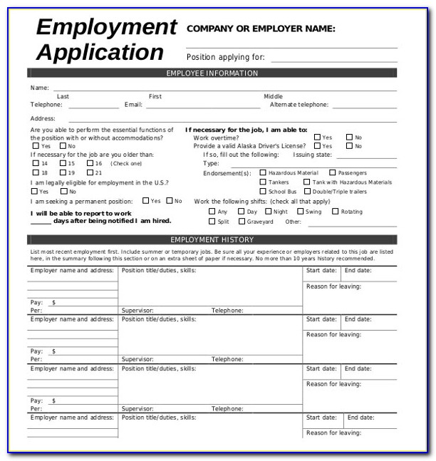 Free Sample Of Employment Application Form