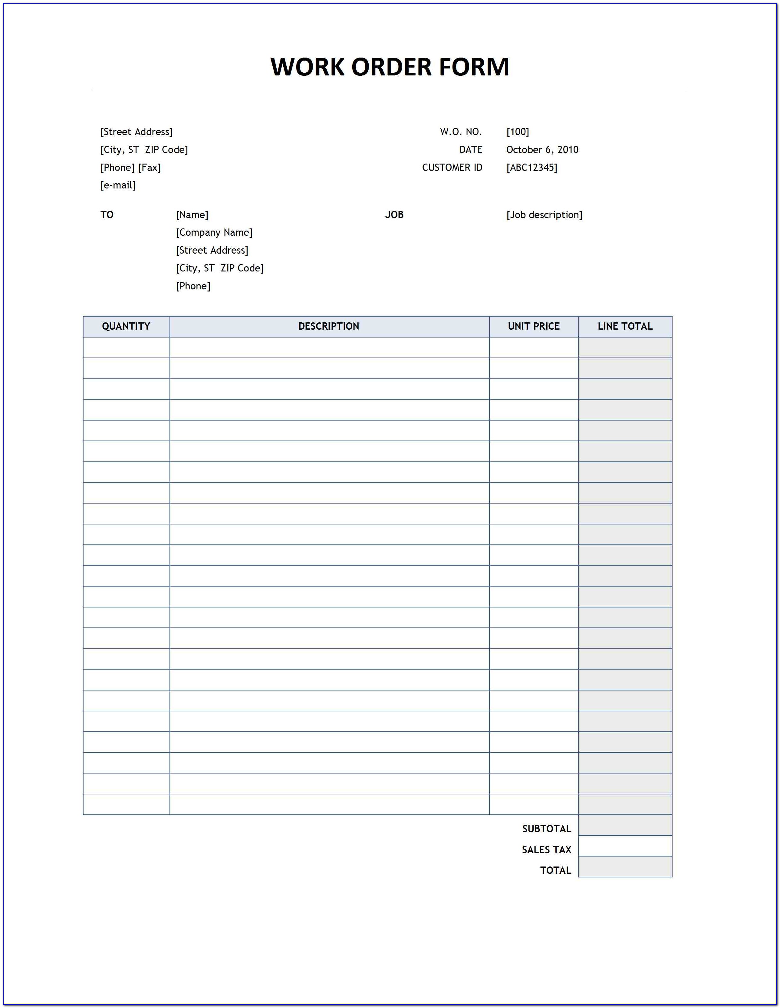 Free Sample Work Order Form Template