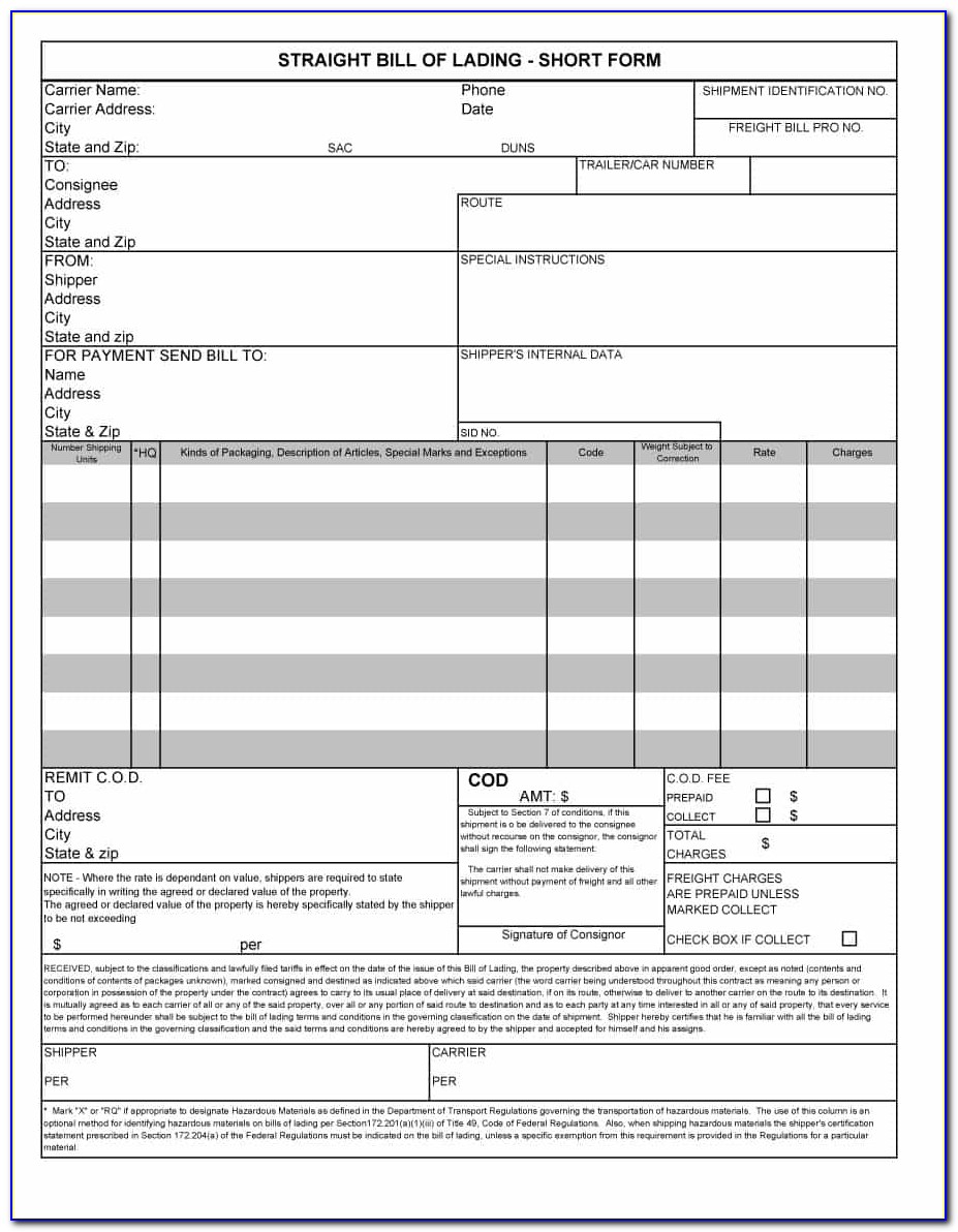 Free Simple Bill Of Lading Form