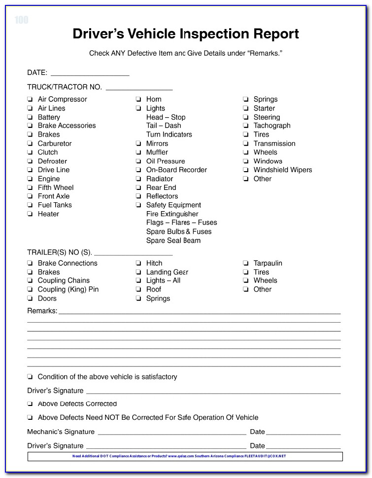 Free Vehicle Inspection Checklist Form