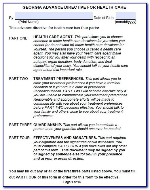 Ga Advance Directive For Health Care Form