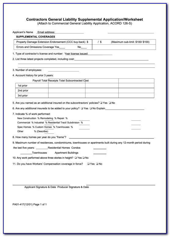 General Liability Insurance Acord Form