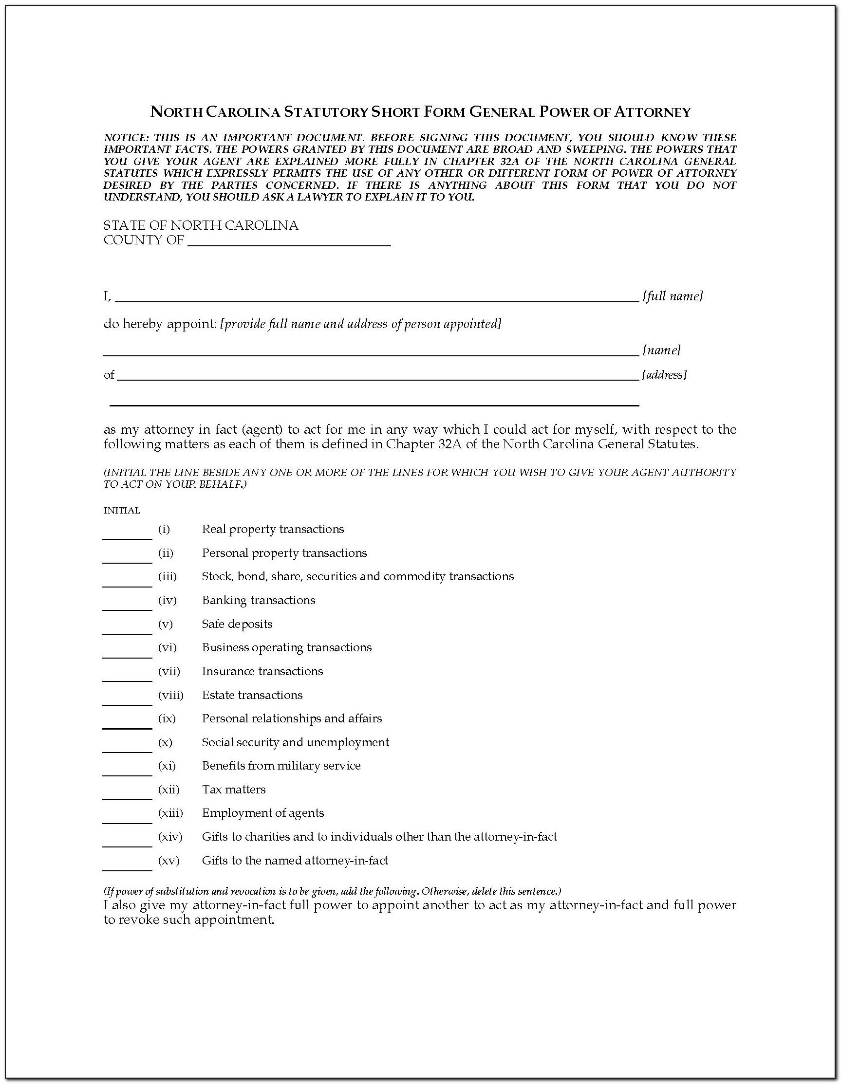 General Power Of Attorney Forms Nc