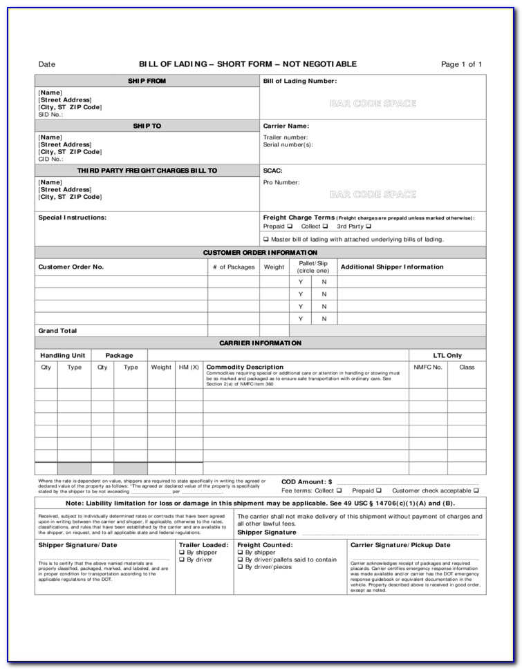 Generic Bill Of Lading Form Download