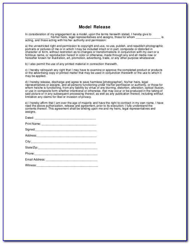 Generic Model Release Form For Photography