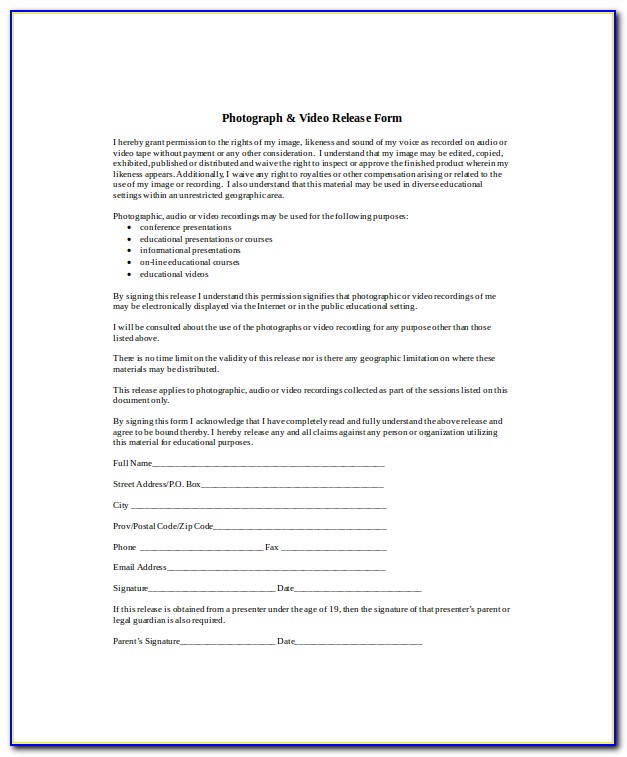 Generic Photography Release Form For Printing
