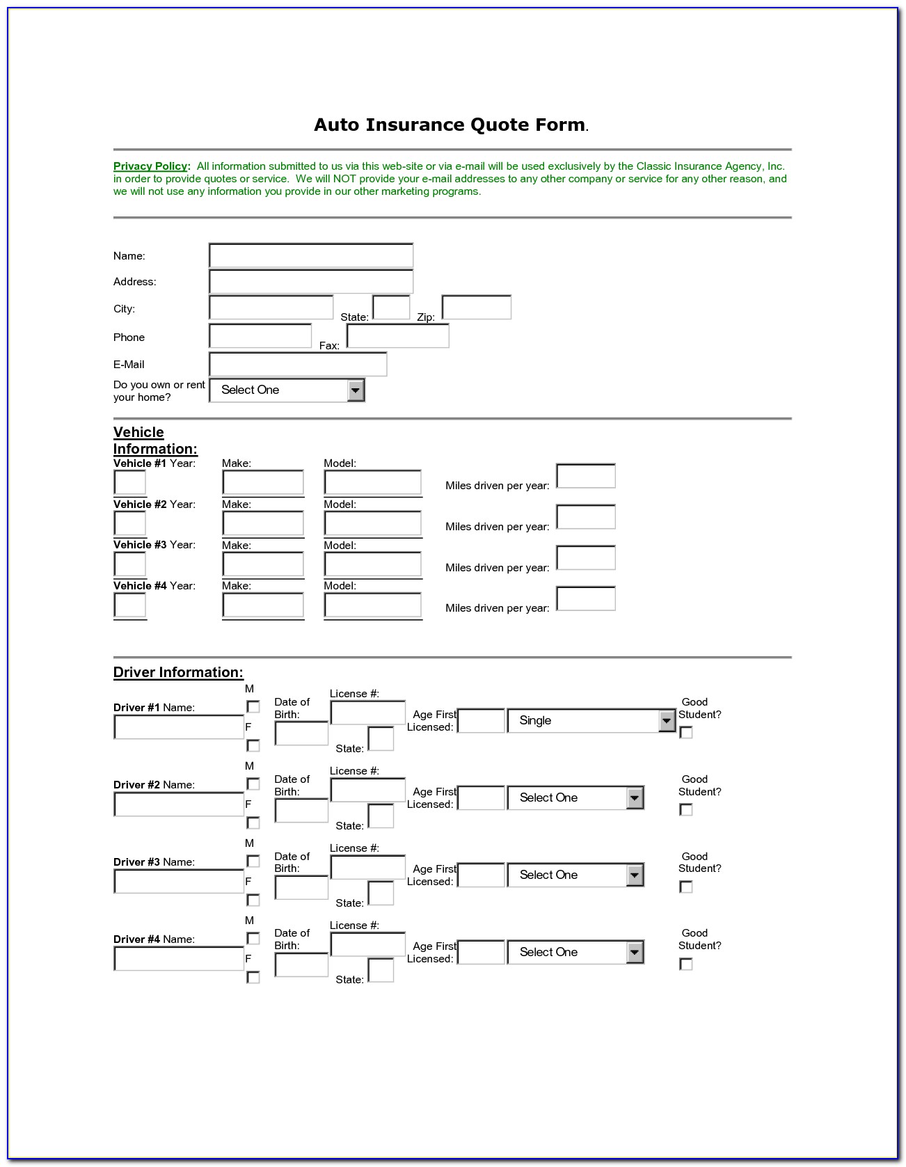 Health Insurance Quote Form Template