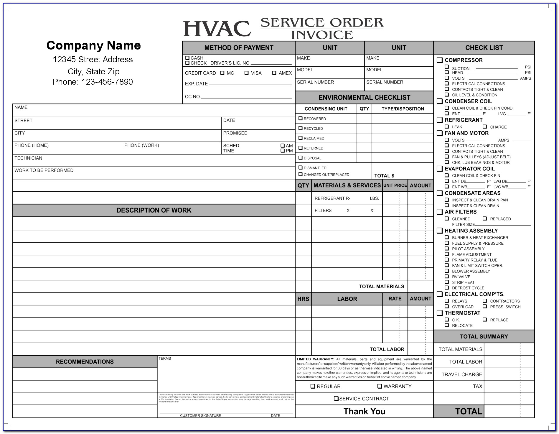 Electrical Service Invoice Template Hvac Service Order Invoice Hvac Invoice Forms