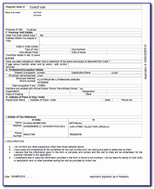 India Tourist Visa Application Form Pdf