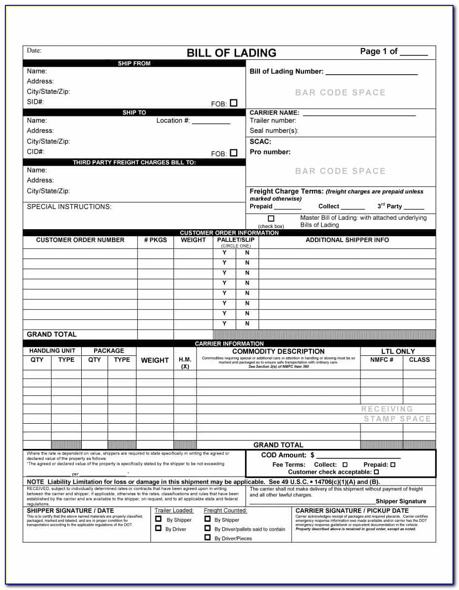 Inland Bill Of Lading Template