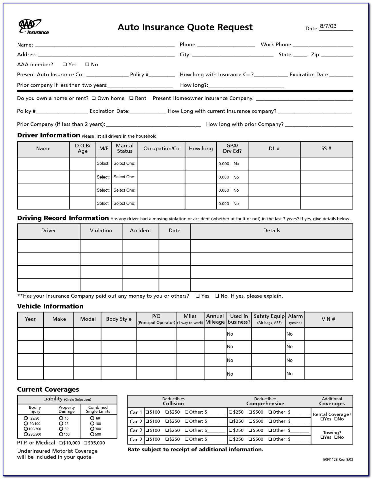 Insurance Quote Request Form Template