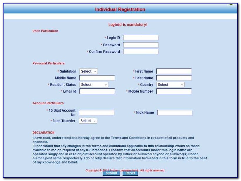 Iob Net Banking Online Registration Form For Current Account