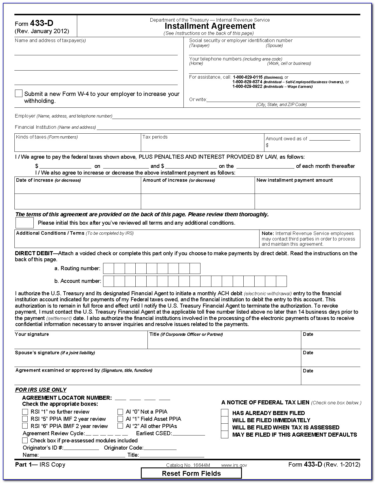 Irs Installment Agreement Form 433 D