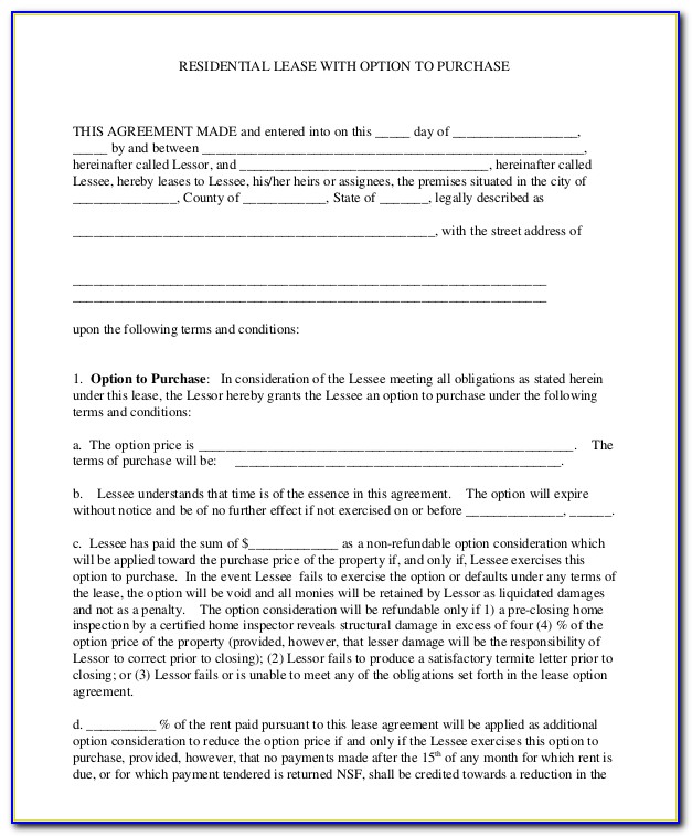 Lease To Purchase Option Agreement Form Download