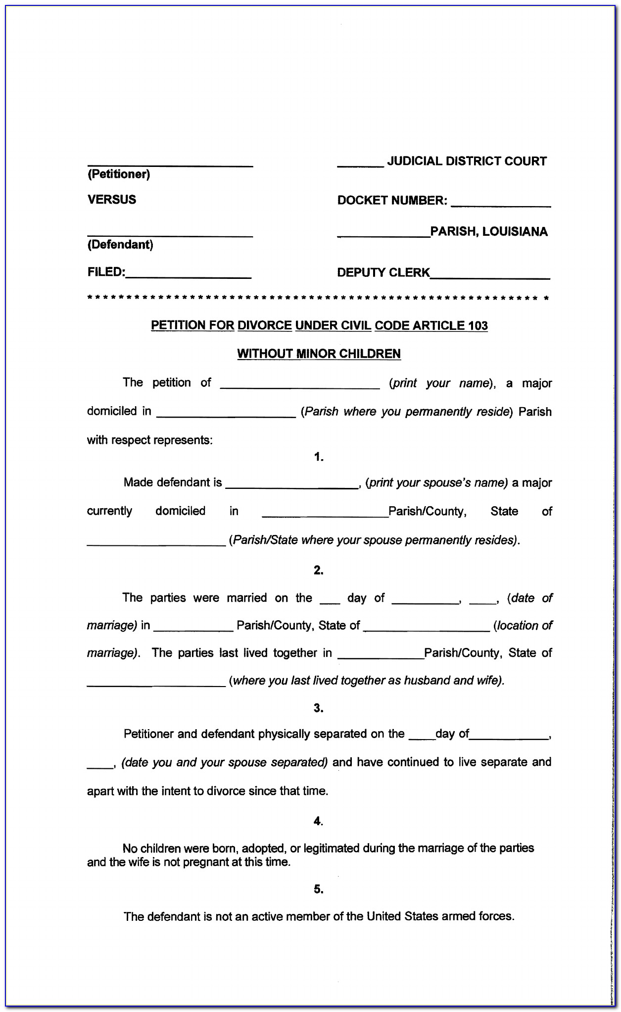 Louisiana Petition For Divorce Form Free