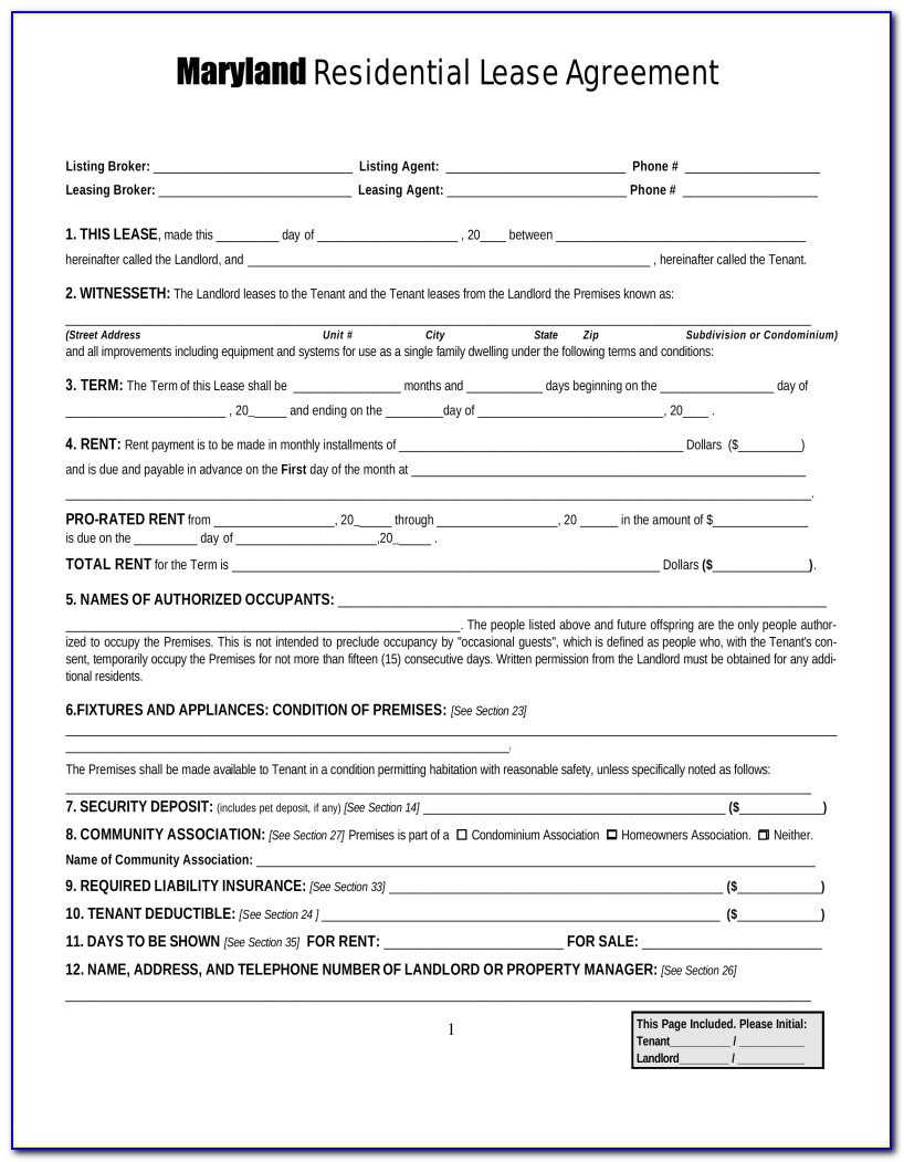 Maryland Residential Lease Agreement Free Form