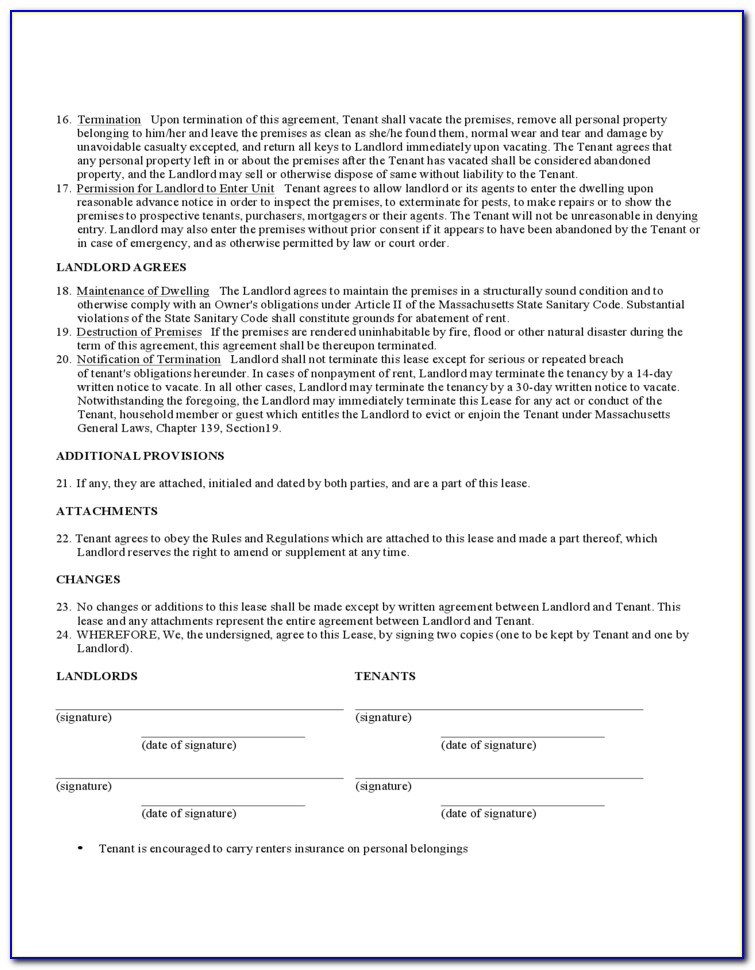 Massachusetts Standard Form Apartment Lease Simplified Fixed Term