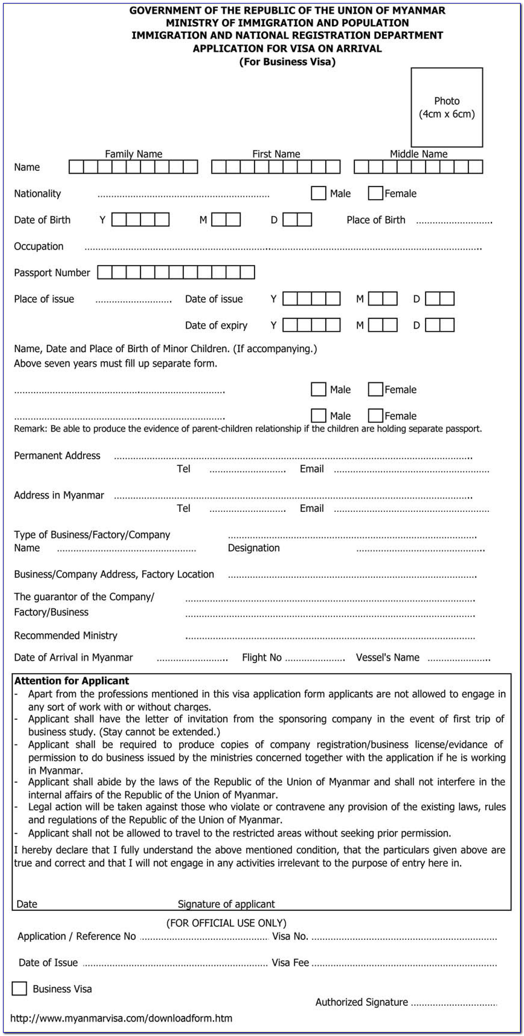 Myanmar Embassy Bangkok Visa Application Form