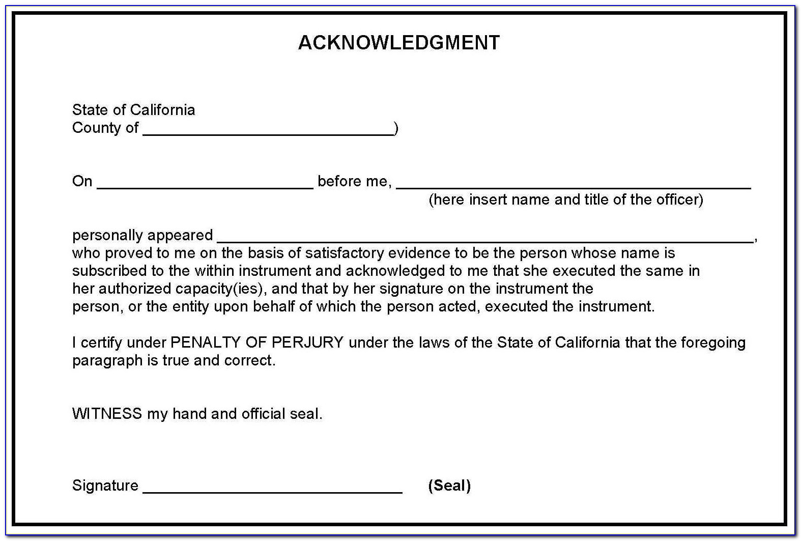 Notary Acknowledgement Form Nevada