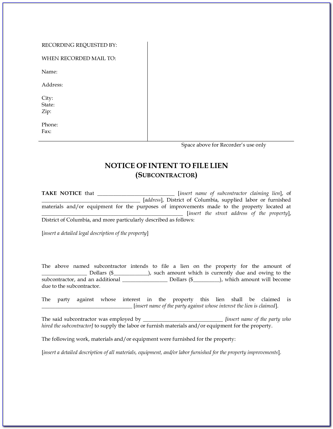 Notice Of Intent To File A Lien Statement Colorado Form