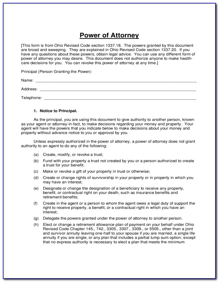 Ohio General Durable Power Of Attorney Free Form